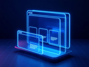 Glowing blue wireframe panels — a header bar, cards and text blocks — floating in layered depth and snapping together into a webpage layout on a dark navy background